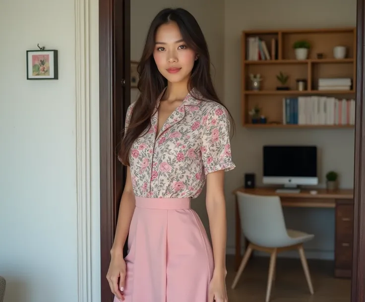 A beautiful Thai woman, 20 years old, with fair skin, stands alone in front of the door, wearing a floral dress for work, featuring a pink skirt slightly above the knee. She has long hair and looks elegant and beautiful. The scene includes a sofa chair, co...