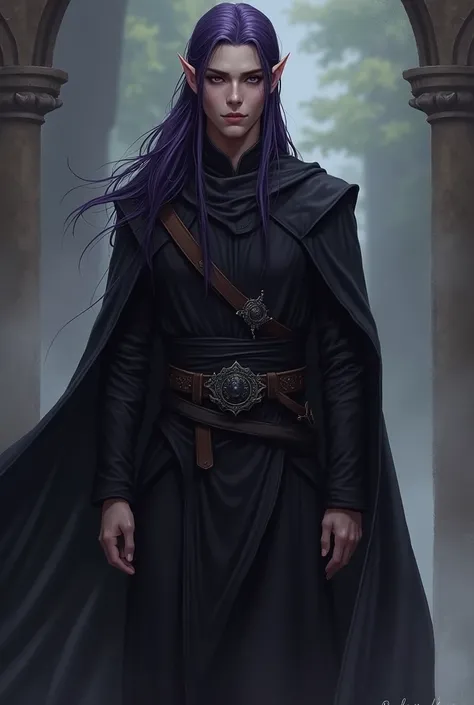 full-length so you can see the legs , full-face elf with dark purple hair and eyes full of darkness, character portrait, inspired by Kieran Yanner , tumblr, fantasy art, a portrait of Male Elf,  handsome male elf , Male Elf,  Caleb from Critical RPG,  hand...