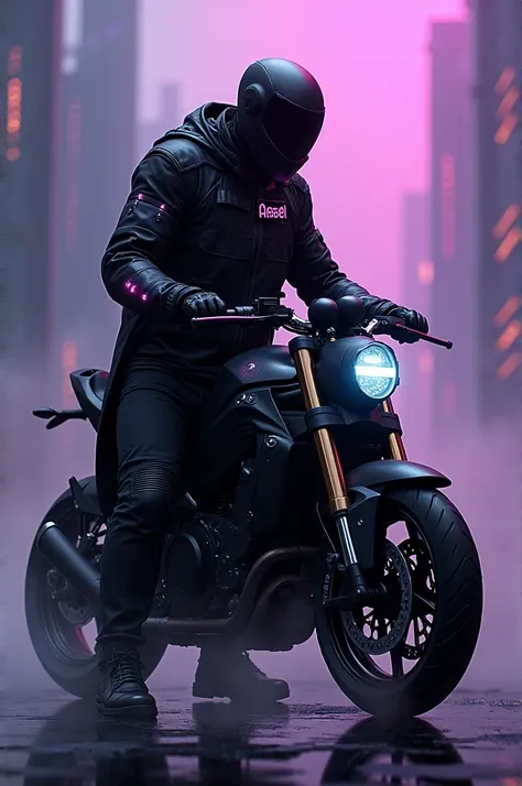 Cyberpunk, He is leaning on his motorcycle then he is a little taller then he is wearing a helmet then his background has buildings then there are violet colors then there are smokes behind him then what he is wearing black then his clothes have lights the...