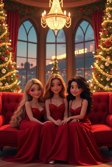 imagine myself in a mid-length portrait real-life photo of me with a dazzling smile, posing cheerfully on an opulent big red velvet couch in a grand living room that echoes the luxury of the Hamptons. Their elegant Christmas outfits, reminiscent of 21st-ce...