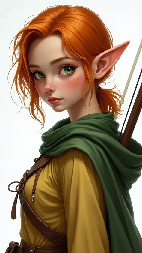 professional photography. A young woman elf, with orange Shaggy Medium Length hairstyle. Green eyes, wearing a simple medieval hunter clothes with green and soft yellow colors. With a bow into her back. She has a circle face. She is mad to the camera, whit...