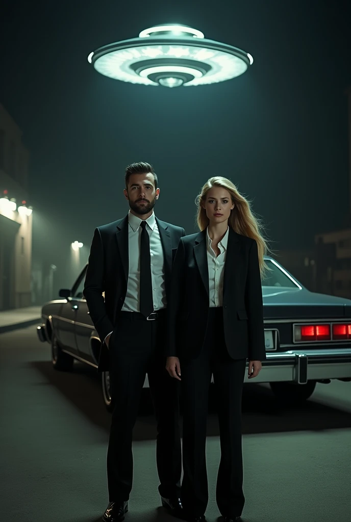 a man and a woman (the man has a beard and short hair, the woman has blonde hair) dressed in black suits, standing side by side in front of a dark black Ford Crown Victoria LTD car, dressed in a black tuxedo, white shirt , black tie, dressed in a dark blac...