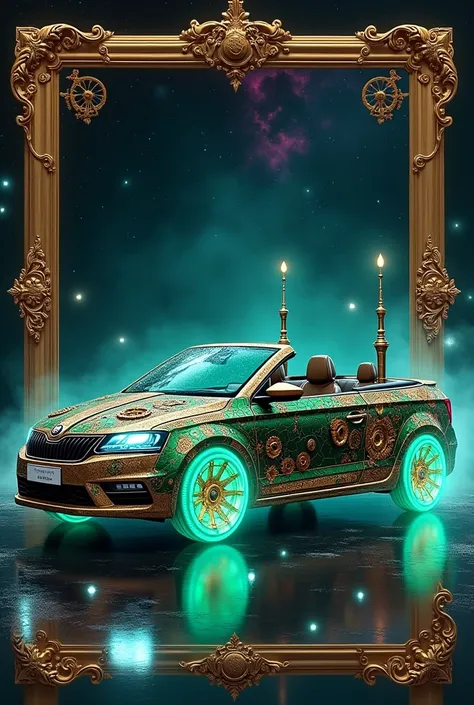 a fantastical, Green Mamba metalic color Škoda Fabia Convertible RS mechanical car with 24k golden rims, intricately designed with a blend of steampunk and cyberpunk aesthetics. The cars body should be adorned with gears, cogs, and metallic plates, all glo...