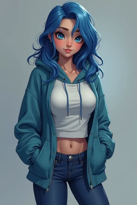 -(Description)
 Girl 
18 age 
She is unemotional and she smiles only around people who like her
She has blue eyes and blue hair
She has big big big breasts
-(look )
 She is dressed in a tight hoodie and jeans 