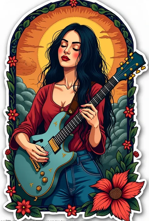 there is a sticker of a guitar with a picture of a woman playing it, cloisonnism, temporary art, by Puru, sticker of a rock band, etsy stickers, sticker art, sticker - art, fantasy sticker illustration