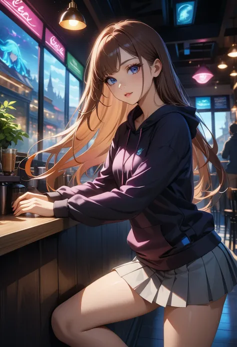 masterpiece,best quality,1girl,solo,pensive look,brown hair,long hair,straight hair,black sweatshirt, gray miniskirt, pleated skirt,white sneakers,perfect body,dynamic pose,coffee shop,break glowing,dramatic lighting,vivid colors,vibrant colors,detailed fa...