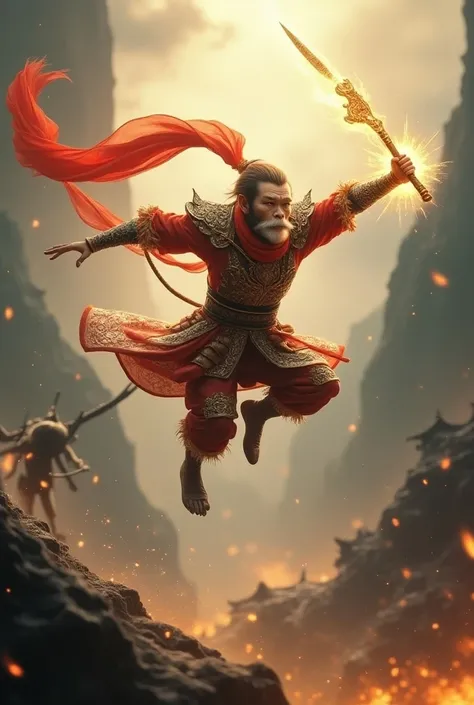 A cinematic depiction of Sun Wukong, the Monkey King from Chinese mythology, in a dynamic action pose. He is mid-air, leaping with his magical staff, the Ruyi Jingu Bang, glowing and extended. His Tang Dynasty-inspired armor shimmers under a dramatic golde...