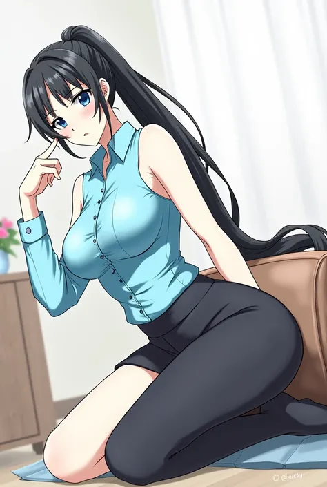 Adult woman with long black hair tied with a ponytail with blue eyes with big breasts wearing a blue sleeveless shirt and a sexy black skirt in the background of an anime-style living room.