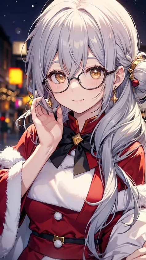 1 woman、 gray hair long、 yellow eyes、Glasses、Earrings、 Christmas、Santa、smile、 anime style