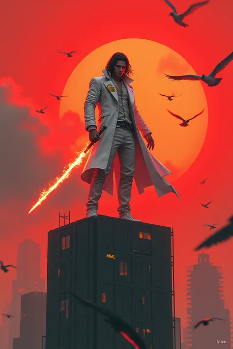 Cyberpunk, hes a man then hes at the top of a building then hes holding a sword with fire then hes wearing a white suit then his background is red with birds then his hair is long then theres He had a wound on his face and then he was 19 years old and ther...