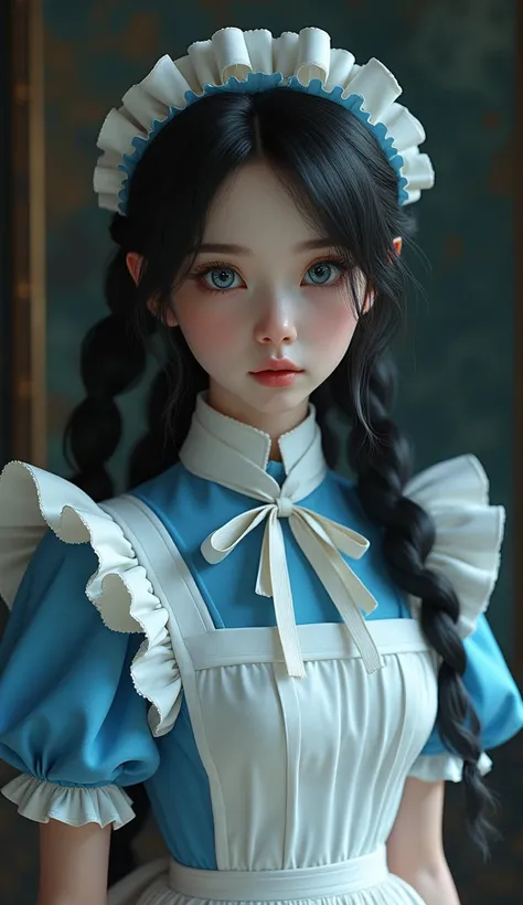 
 Full Body Portraits 、 hyper-realistic portrait of Alice , Alice in Nightmare 、 Beautiful Women, Big Blue Eyes,  pink lips,  white skin,  black hair, thick,  medium length hair held together with a light blue ribbon. Her outfit is、 unique fusion of realis...