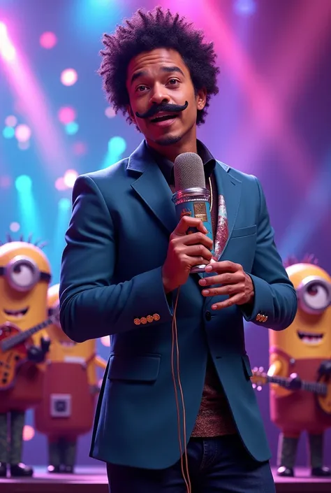 BRUNO MARS with his peculiar minion mustache singing and holding a blender-shaped microphone on a stage with colorful theatrical lighting and a minion band playing with drums, guitar, violin in the background