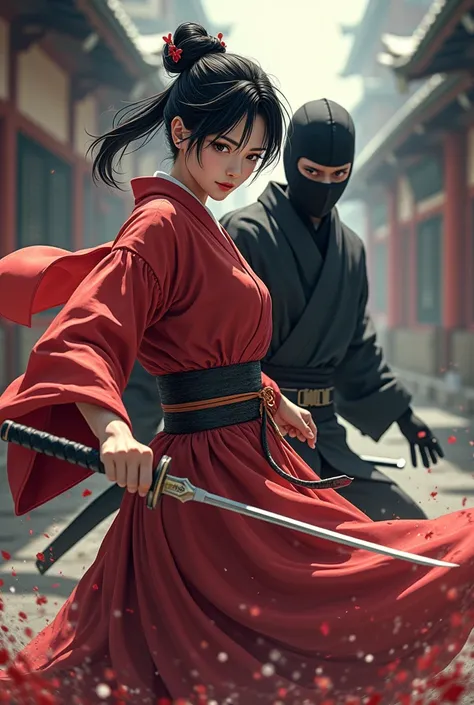 Hight quality, anime Japanese, very beautiful matronly woman, woman cut throat male by knife, blood splashed, male die, blood splashed, blood splashing, male ninja, male full face mask ninja