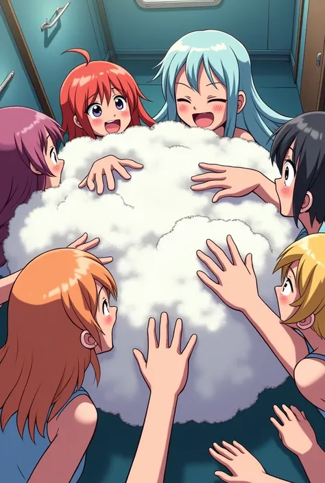 An anime-style comic depicting many ladies playfully wrestling with each other inside a ship comical fight cloud.
each lady has different  colored hair.
their faces,hands,and feet are visible emerging from the cloud as they tussle humorously,  with the res...