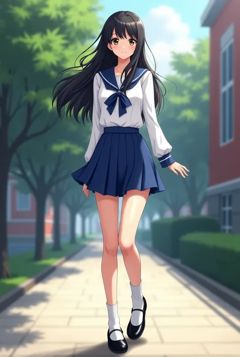  Sexy girl High school student who looks 25 years old wavy black hair up to her back, dark brown eyes, with white blouse,  blue pleated miniskirt with black ballet shoes and white socks , In the background outside of school .  anime style