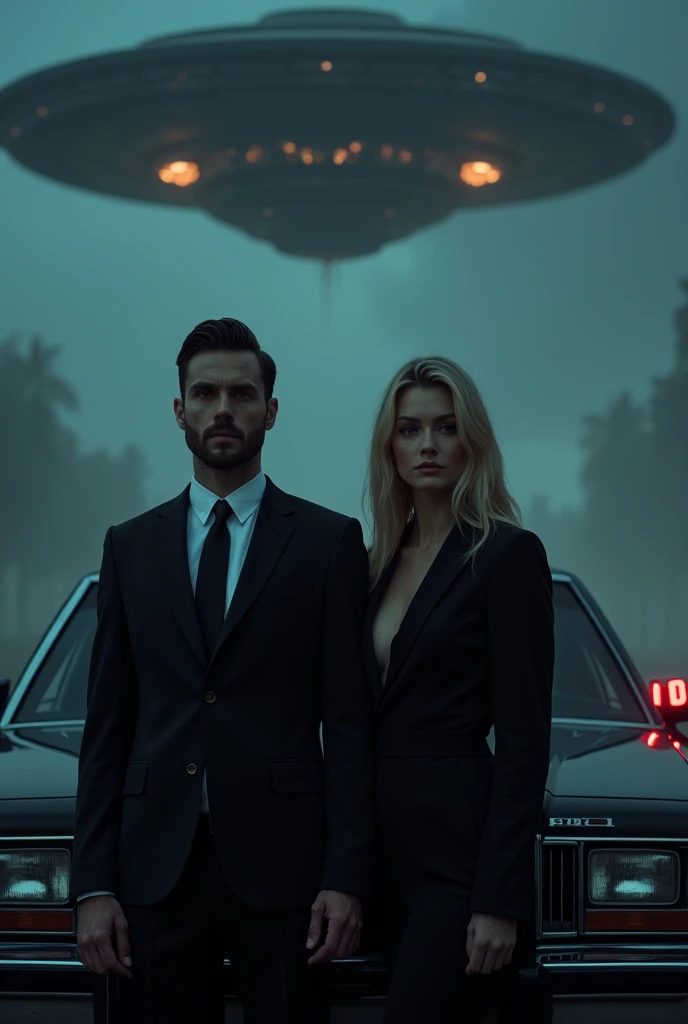 a man and a woman (the man has a beard and short hair, the woman has blonde hair) dressed in black suits, a white shirt and a black tie, standing side by side in front of a dark black Ford Crown Victoria LTD car, there is a large flying saucer, image with ...