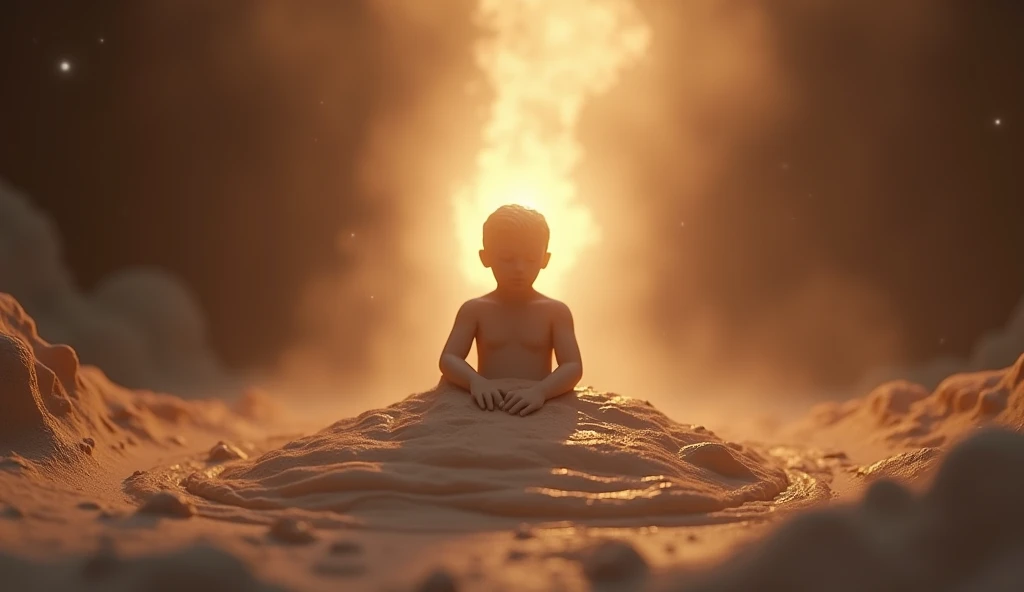 

“An animation depicting the creation of the first human, Adam, from clay. The scene starts with a pile of wet, soft clay forming on the ground. Gradually, the clay begins to shape into a human figure, with subtle movements that show it becoming more life...