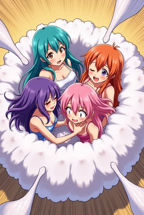 An anime-style comic depicting many ladies playfully wrestling with each other inside a sheep comical fight cloud.
each lady has different  colored hair.
their faces,hands,and feet are visible emerging from the cloud as they tussle humorously,  with the re...