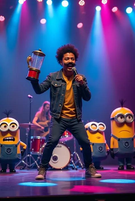 BRUNO MARS with his peculiar mustache CHARACTERIZED as Minion singing and holding a blender-shaped microphone on a stage with colorful theatrical lighting and a minion band playing with drums, guitar, violin in the background