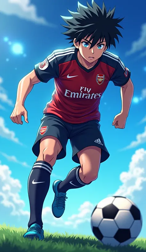 Handsome Adult Tsubasa Ozora Playing Soccer With Arsenal Team, Masterpiece, Accurate, Award Winning, Textured Skin, Anime Style, Anime, Black Hair, Blue lock, Spiky Hair, Running In Speed, Glowing Blue Eyes, Aura Of Blue Phoenix