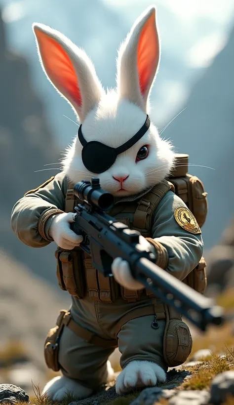 White bunny with eye patch in complete tactical military equipment and sniper rifle 