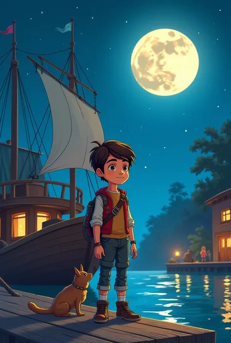 Teenage boy going to his ship to go out exploring at night (cartoon style ) 