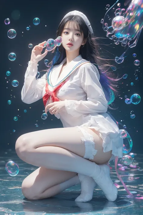 (masterpiece), ( Top Quality ), (Official Art,  extremely detailed CG Unity 8K wallpaper), ( High Quality Details ), ((absurdres)), 1 Korean girl, Midshot ,  sexy pose, (Elaborate facial features),(Sailor suit:1.3) ((SFW)),((Clean hands)), ((white stocking...