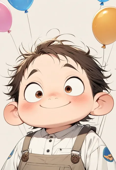 (masterpiece,  best quality:1.2),  anime-style character design。fox、 one boy ，Big Eyes， cute expression ， white shirt， overalls， white sneakers，stand， funny， funny， clear Line 、 simple background、Balloons floating in the sky 、 perfect body、 perfect face、sm...