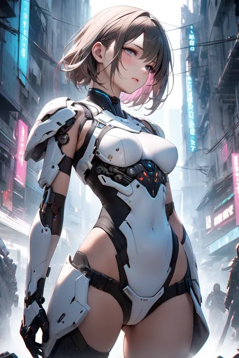 In a destroyed city of the future、Medium shot photo of a sexy female cyborg in damaged and discoloured futuristic armour,  Fantasy ,  Science Fiction , 美しい女Sexualな顔,  Fascinating , Sexual, mist, 鮮やかで Fascinating 目, dramatic,  Best Quality Masterpiece , Pho...