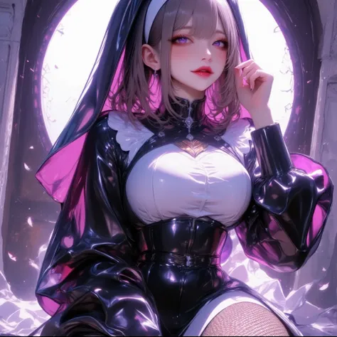 A young and beautiful woman,( best quality, very detailed depiction, incredibly absurd high definition,High quality anime drawings:2.0),(Nuns),(Lavishly Crafted Monastic Clothes , fishnet tights,Glowing purple eyes,Crazy Eyes, Half Closed , wicked smile:2....