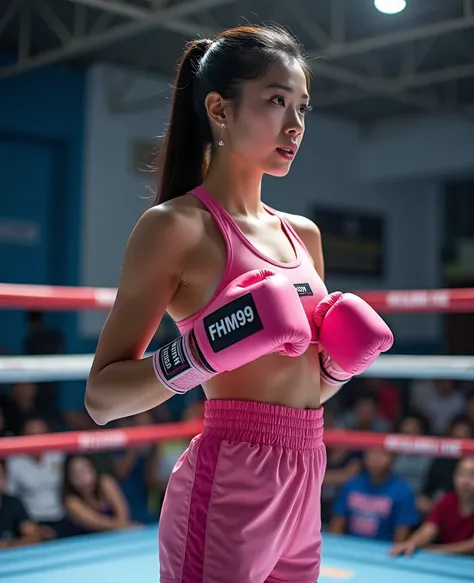  Beautiful Asian woman, 20 years old, black hair, tied in a ponytail, height 168 cm .  She is a professional boxer wearing pink tank top, logo screen  "FHM99"  Pink gloves, pink sports pants with the words  ((Thai boxing)) BOXER BOOTS STANDING WITH A GUARD...