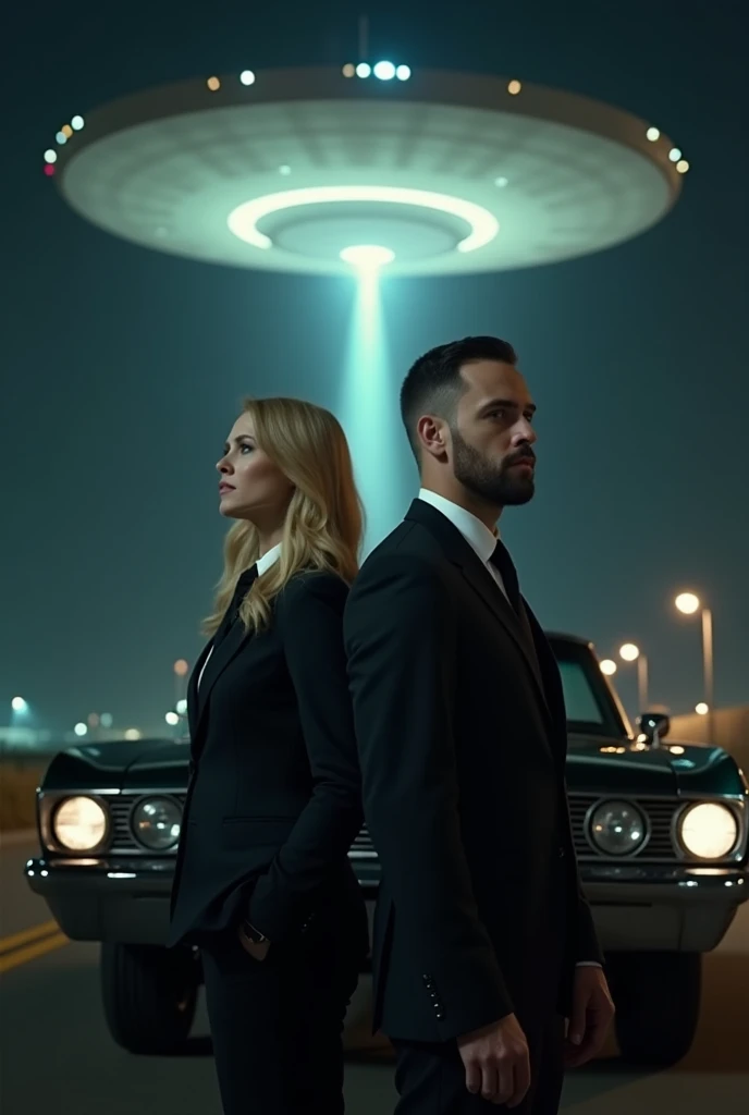 a man and a woman (the man has a beard and short hair, the woman has blonde hair) both are dressed in black suits, black pants, black jacket, white shirt and black tie, standing side by side in front of a car Dark black Ford Crown Victoria LTD, there is a ...