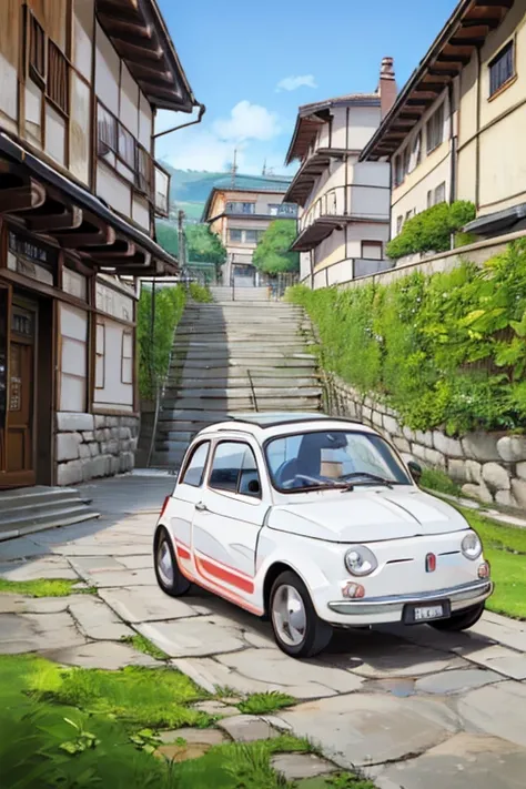 (masterpiece:1.2,   best quality),(  very detailed),(((Anime Style)))，8k， wallpaper，white Fiat 500  ，execution，  old Japanese medieval townscape，  blue sky，Abarth specification:1.2，(((Ghibli style)))，