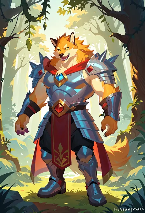 high quality, masterpiece, best detail, full-length, furry wolf male in black armor with golden feathers and leaves, hands shrouded in golden light, summons vines with thorns from the ground