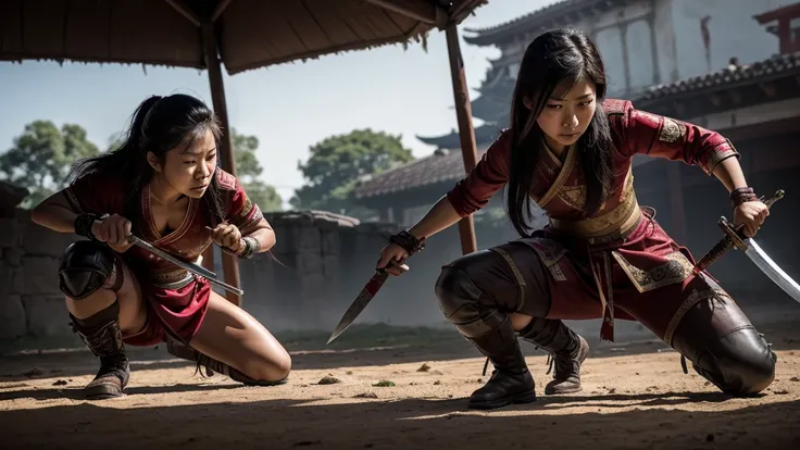   of an Asian female fighter kneeling on the battlefield, killed by a stab in the chest , , with a sword,  the sword stuck in her chest covered in blood from the body ,  blood gushed from her wound 