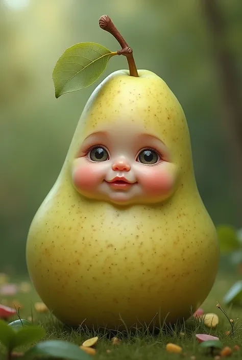 Create a baby pear with realistic human face 