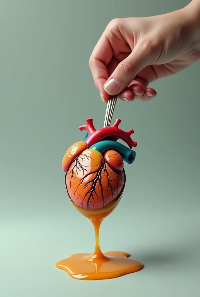 A hand holding a soup spoon and on the spoon a colorful anatomical heart wrapped in a viscosity like syrup and a few drops of that substance spill from the bottom of the spoon  