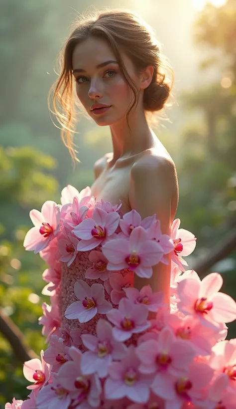 model girl wearing a dress made of orchid flowers, very beautiful model girl, beautiful breast, big breast close-up, photo realistic, bright nature in the background,