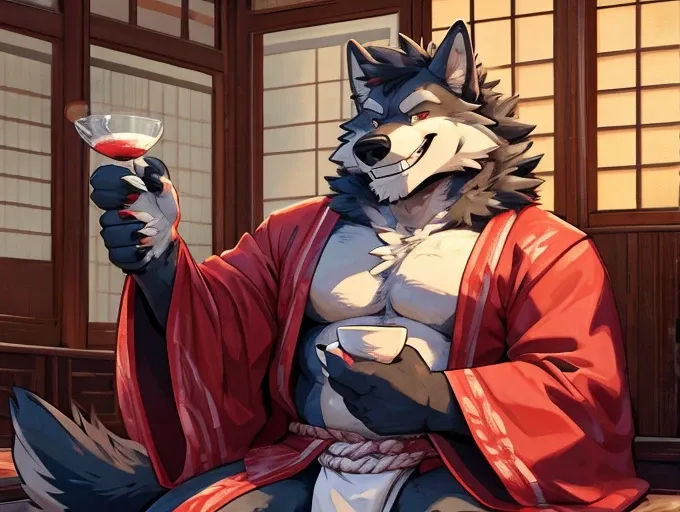 solo,male,anthro,wolf,muscular,fluffy tail,smile,kimono,open chest, chrst hair, white fundoshi,grin face, 
5 fingers,claws,
sitting,
sake,
haps,
masterpiece,best quality,realistic,hi res,perfect hands,perfecteyes,