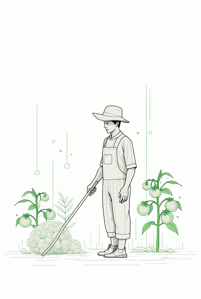  Let me break an image that is of lines signed by farmers ,  IA and plants of tomatoes that are line drawings that have a white background and the drawings are not painted, Some things in green
That I have a farmer with technology but let them be lines add...