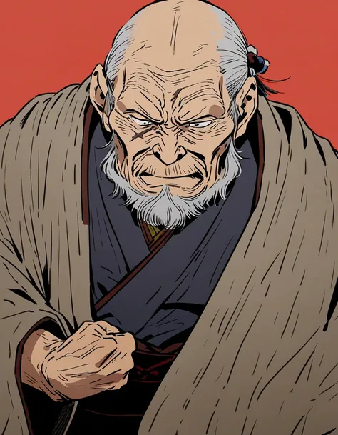 Solid color background, best quality,((Very old man,wrinkle)),japanese kimono,((scar)),samurai,Petite