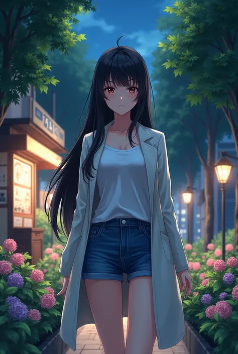 high quality anime girl (only 1 girl) (mature woman) (very long hair straight hair (black hair symetrical hair cut) medium bust fullbody view (walking in the square) (((shes kind of pissed off with the viewer))) a sharp look (denim shorts) (white coat) clo...