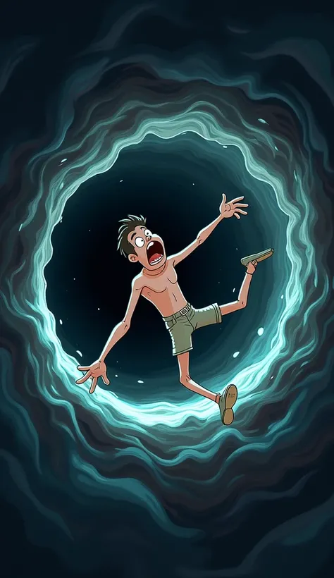 A animated person (male) being stretched into a thin stick in a black hole event horizon. 