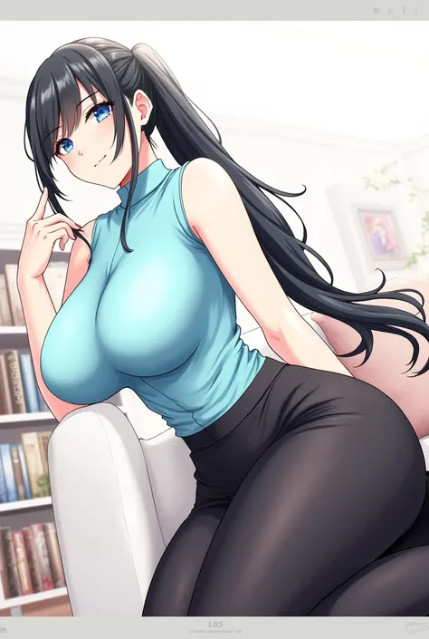 Adult woman with long black hair tied with a ponytail with blue eyes with big breasts wearing a blue sleeveless shirt and a sexy black skirt in the background of an anime-style living room.