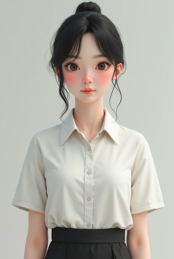 Japanese girl, Karate, strong, black hair, short sleeve, short pants.Heres the revised prompt incorporating the wider and slightly pointed chin:

"A realistic digital portrait of a young woman with soft, natural features. She is wearing a short-sleeved, co...