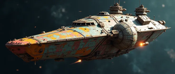 a diy spaceship with a large ship in the middle of the space, science fiction spacecraft, detailed spaceship, realistic appearance with lots of details like nuts and bolts, rusty parts, spiky scraps, rainbow colors, machine guns on the side, turrets on the...