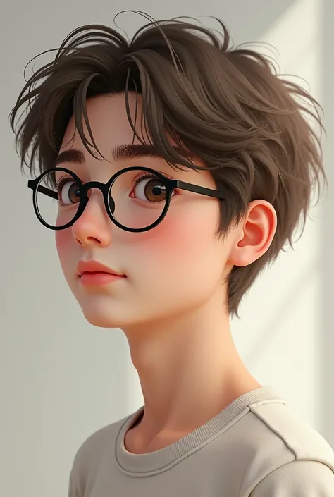  16-year-old male boy with clear tea,  slightly light brown hair, Light brown eyes, profiled face, straight nose,  pink lips,  wears glasses and a messy hairstyle ,  that the image is real not fictitious , Make it look like a real man 