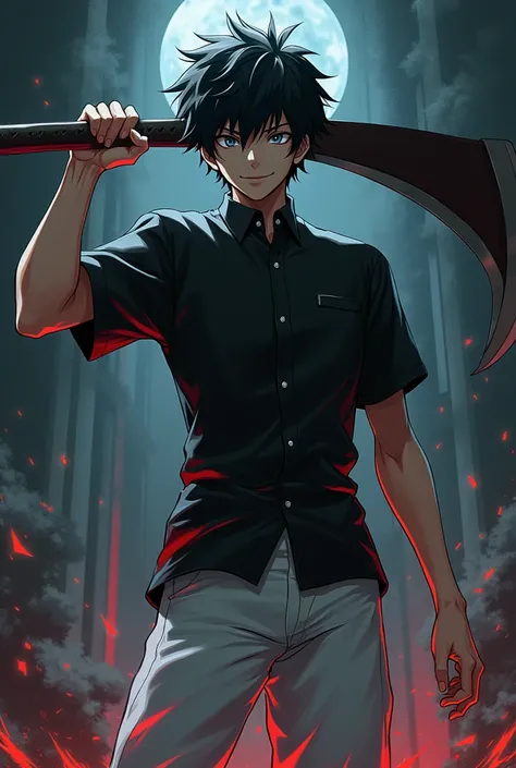 Black hair, gray eyes, black shirt, white pants,Guys, anime is like toji
And a villian pose while wielding a scythe