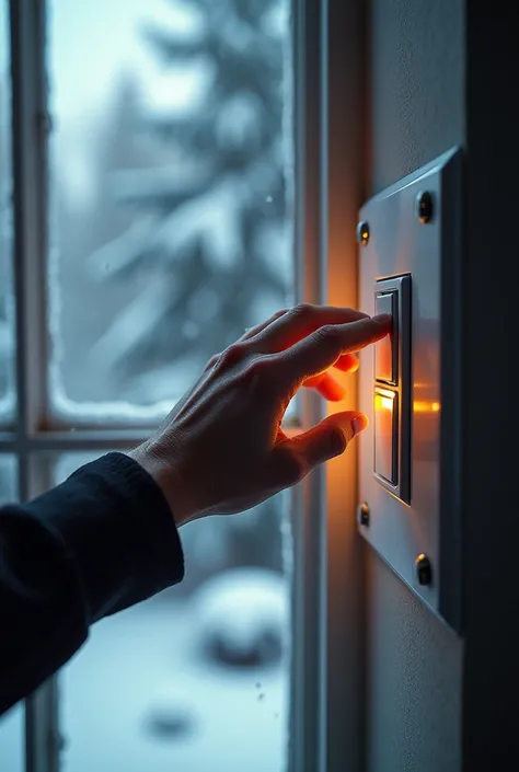 Create an image of a hand about to press a white light switch, with a snowy outdoor scene visible through a window in the background. The light switch should be rectangular with two visible screws, one at the top and one at the bottom. Ensure the interacti...