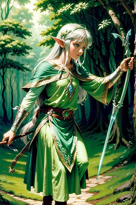 Fantasy elf archer in a mystical glade: An ethereal elf with silver hair and a green tunic, drawing a bow in a glowing, enchanted forest. Colors are lush and luminous, resembling Brian Frouds fairy tale art